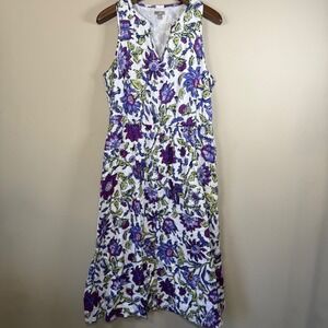 J. Jill 100% Cotton Purple/Green Floral Lined Sleeveless Maxi Dress Size Large